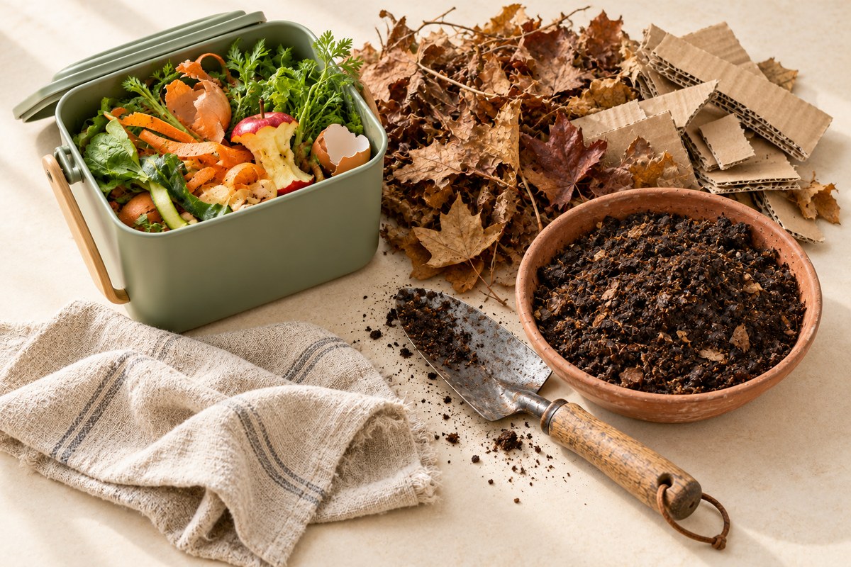 A kitchen caddy of vegetable scraps beside dry leaves, torn cardboard, a bowl of finished compost and a wooden-handled garden trowel on a cream work surface.